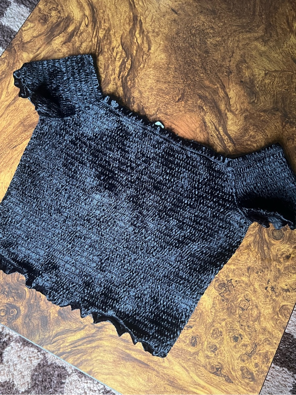 Garage Black Velvet Smocked Off-Shoulder Top